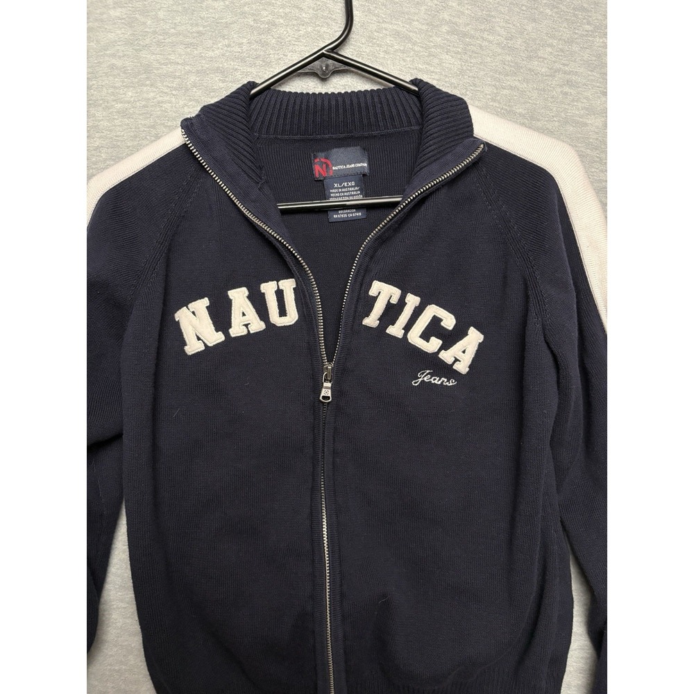 Vintage Nautica Jeans  Navy Embroidered Spellout Knit Zip Up Track Men Medium